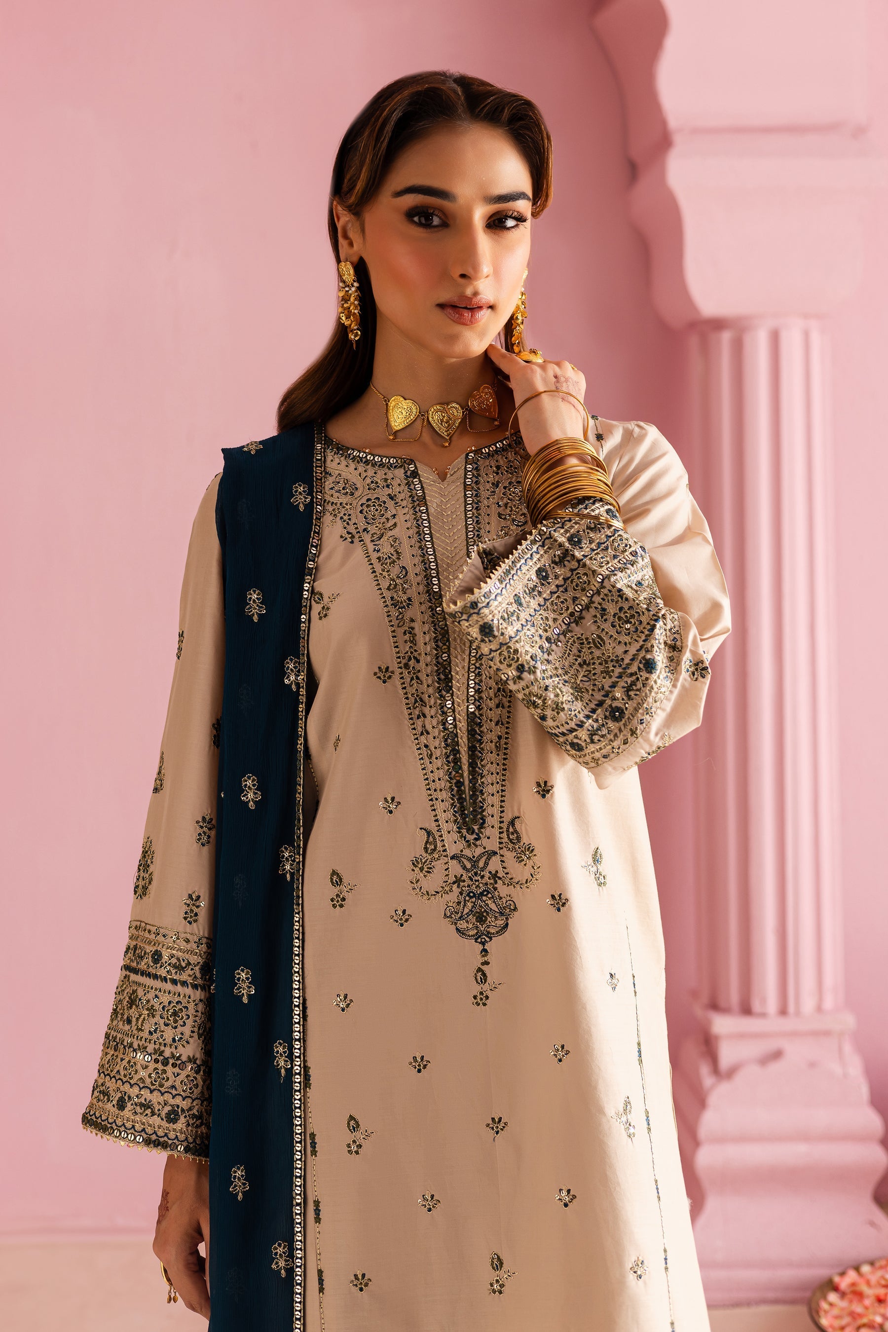 BATIK-3PC DHANAK EMBROIDERED SHIRT WITH DHANAK EMBROIDERED SHAWL & EMB TROUSER-BIC-4162