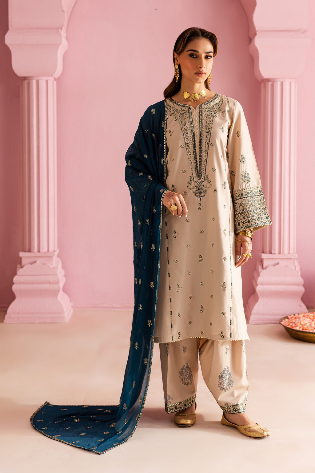 BATIK-3PC DHANAK EMBROIDERED SHIRT WITH DHANAK EMBROIDERED SHAWL & EMB TROUSER-BIC-4162