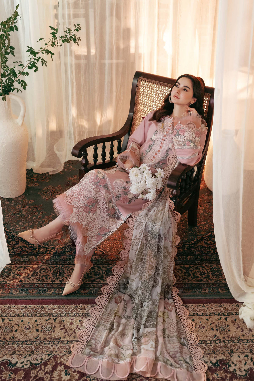 JADE-3PC DHANAK EMBROIDERED SHIRT WITH COUTRAI PRINTED SHAWL AND TROUSER-BIC-4036