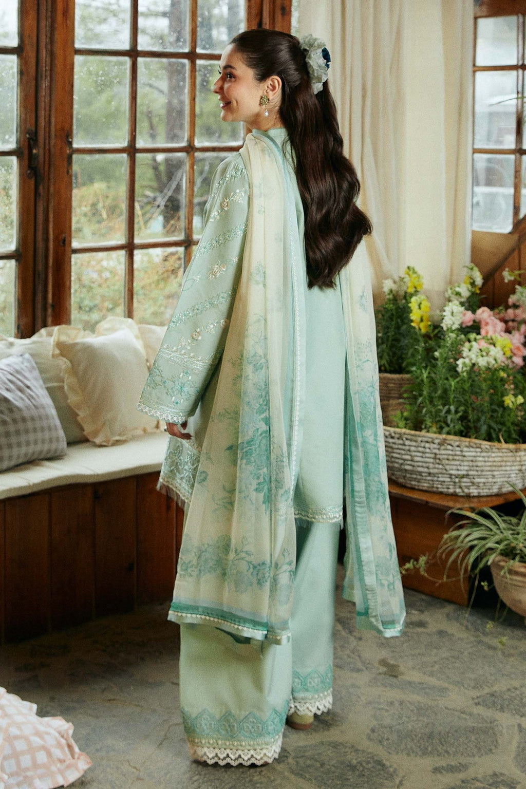 ZARA SHAH JAHAN-3PC DHANAK EMBROIDERED SHIRT WITH COUTRAI WOOL PRINTED SHAWL AND EMB TROUSER-BIC-4112