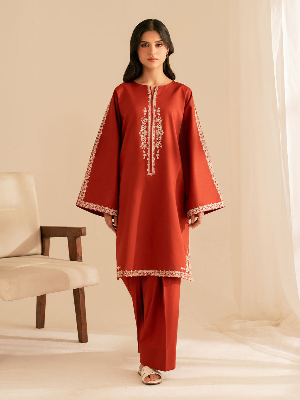 BATIK-2PC DHANAK EMBROIDRED SHIRT WITH DHANAK EMBROIDRED SLEEVES-BIC-121