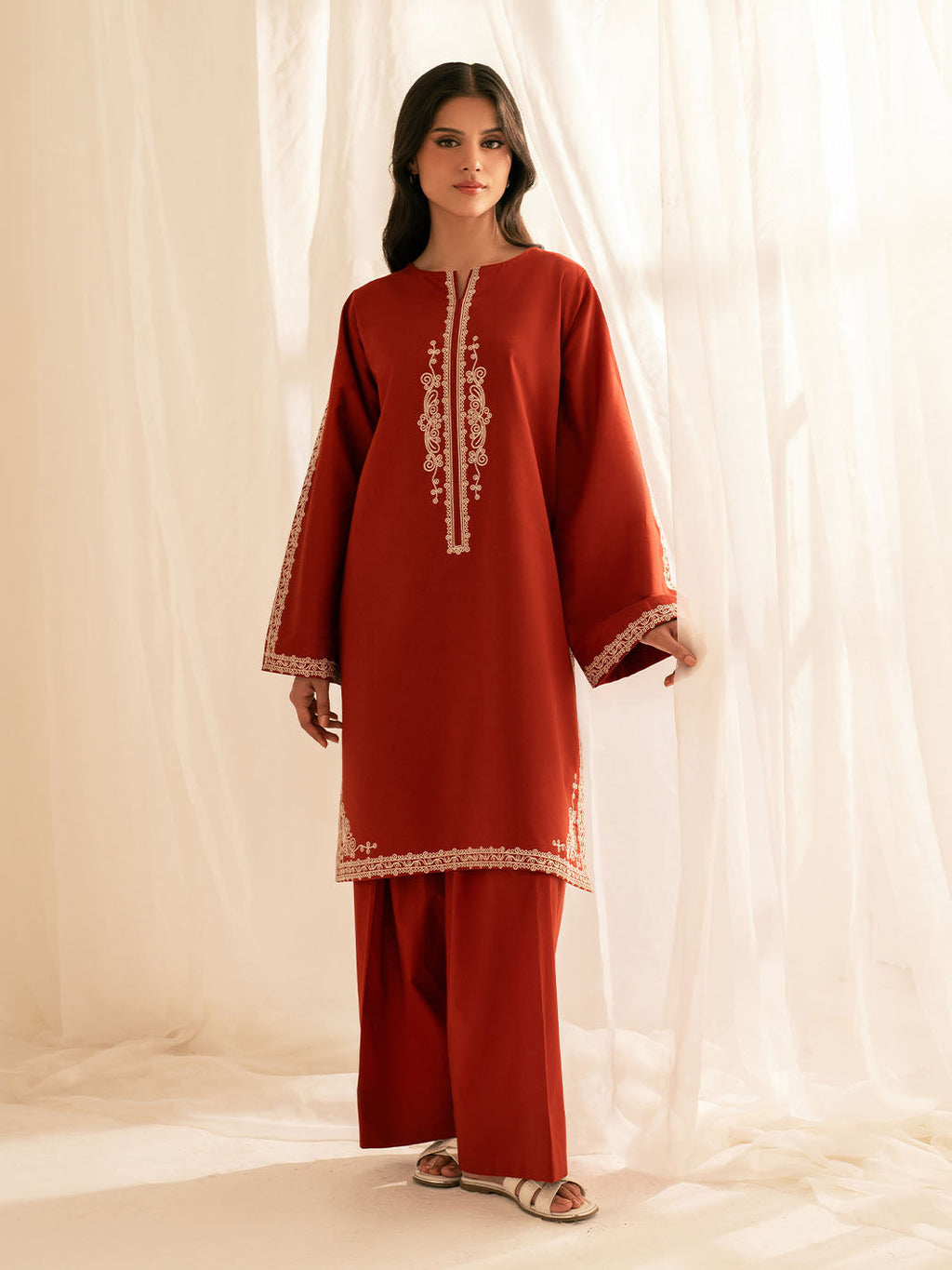 BATIK-2PC DHANAK EMBROIDRED SHIRT WITH DHANAK EMBROIDRED SLEEVES-BIC-121