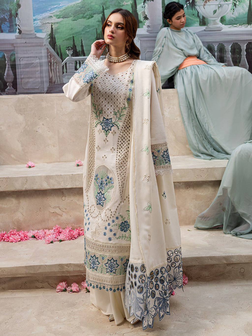 MAHNUR-3PC DHANAK LASER CUT EMB SHIRT WITH DHANAK LASERCUT EMB DUPATTA & TROUSER-BIC-4103