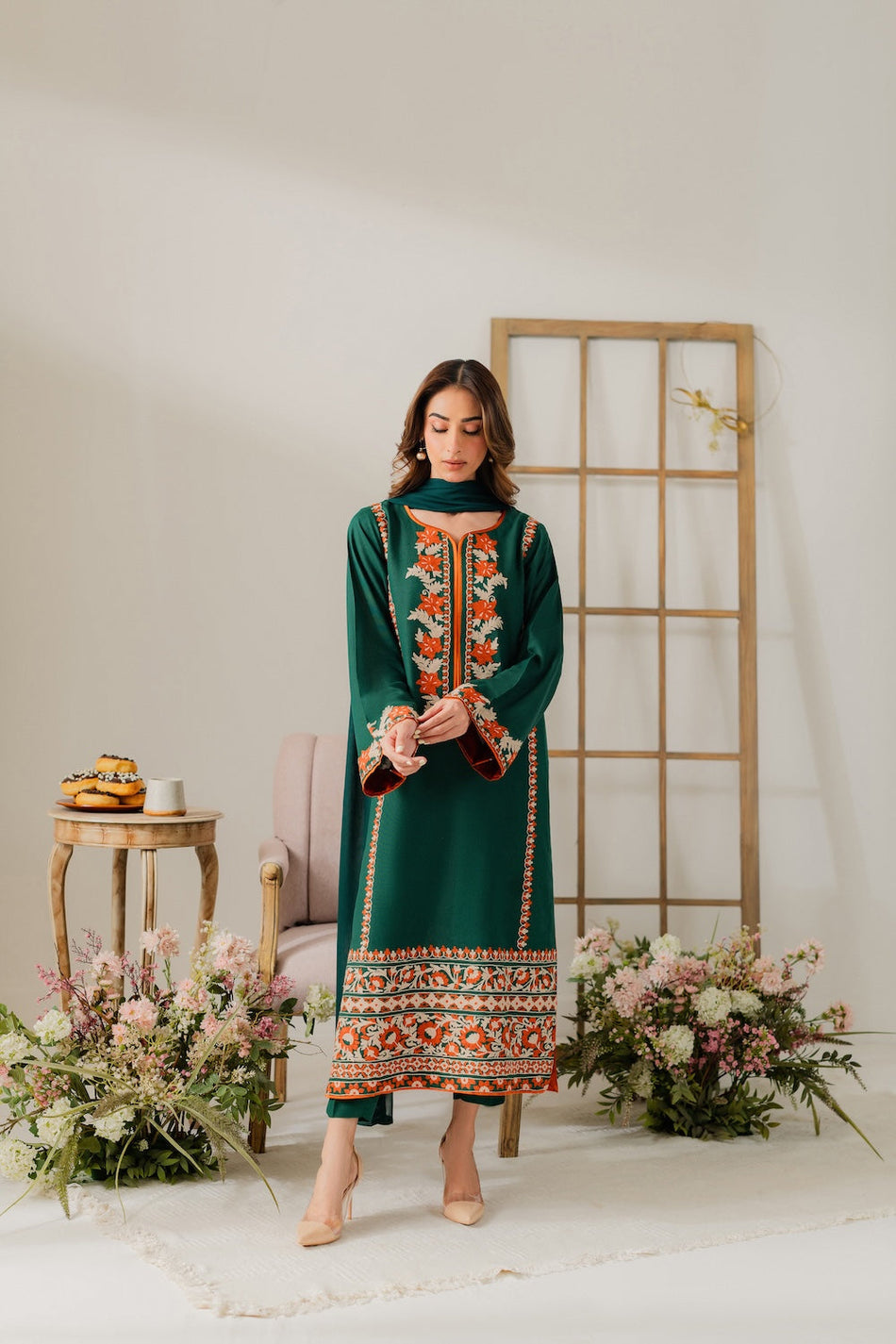 VINTAGE-3PC DHANAK EMBROIDERED SHIRT WITH BAMBER CHIFFON DUPATTA & TROUSER-BIC-4248