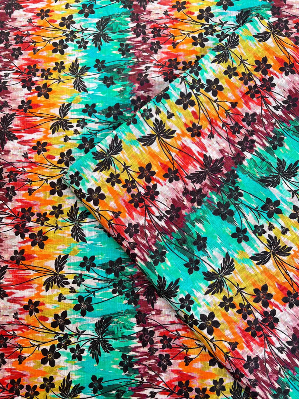 Teal Multicolor Khaddar with Black Floral Print – Unstitched 2pc Suit