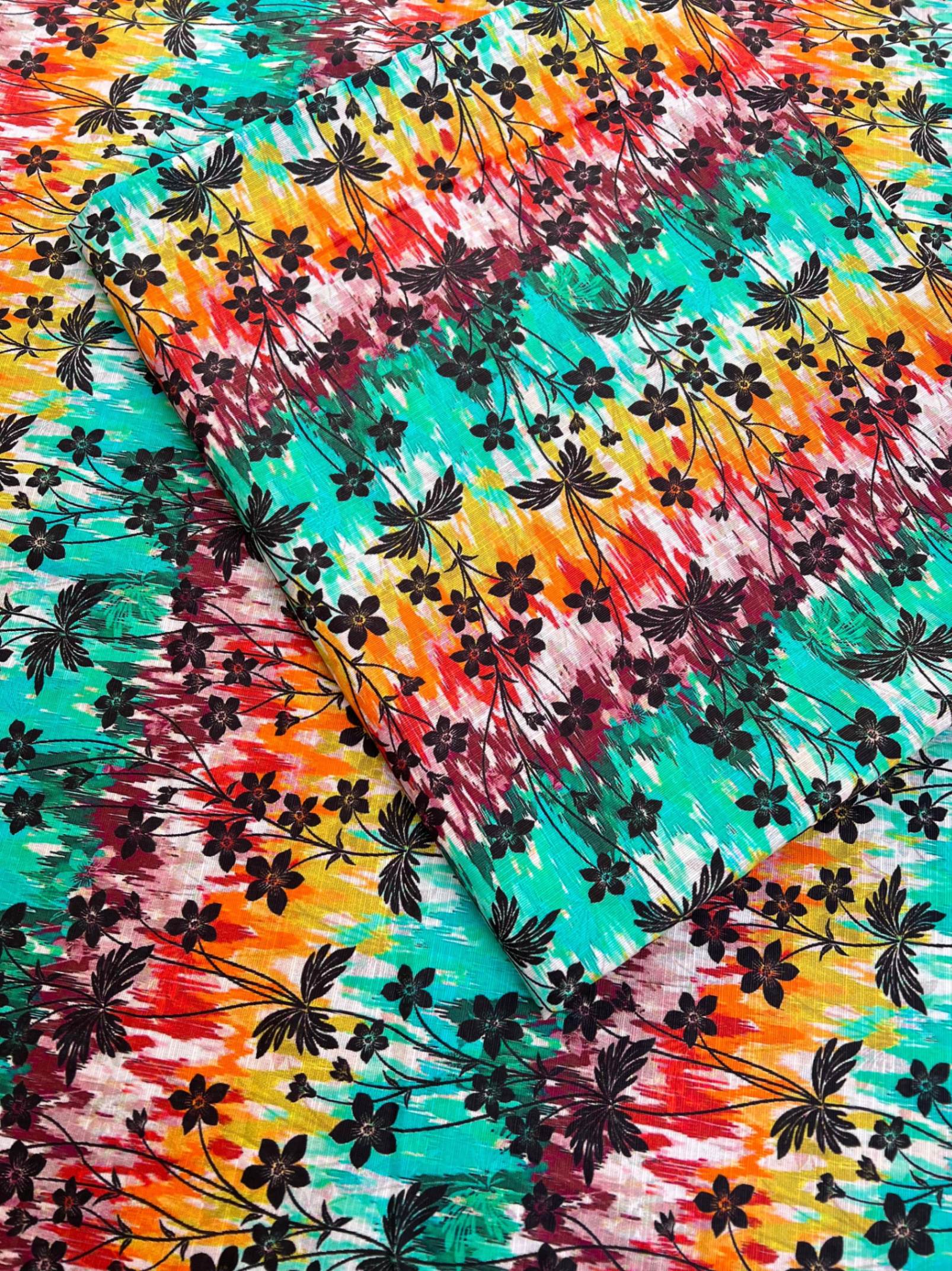 Teal Multicolor Khaddar with Black Floral Print – Unstitched 2pc Suit