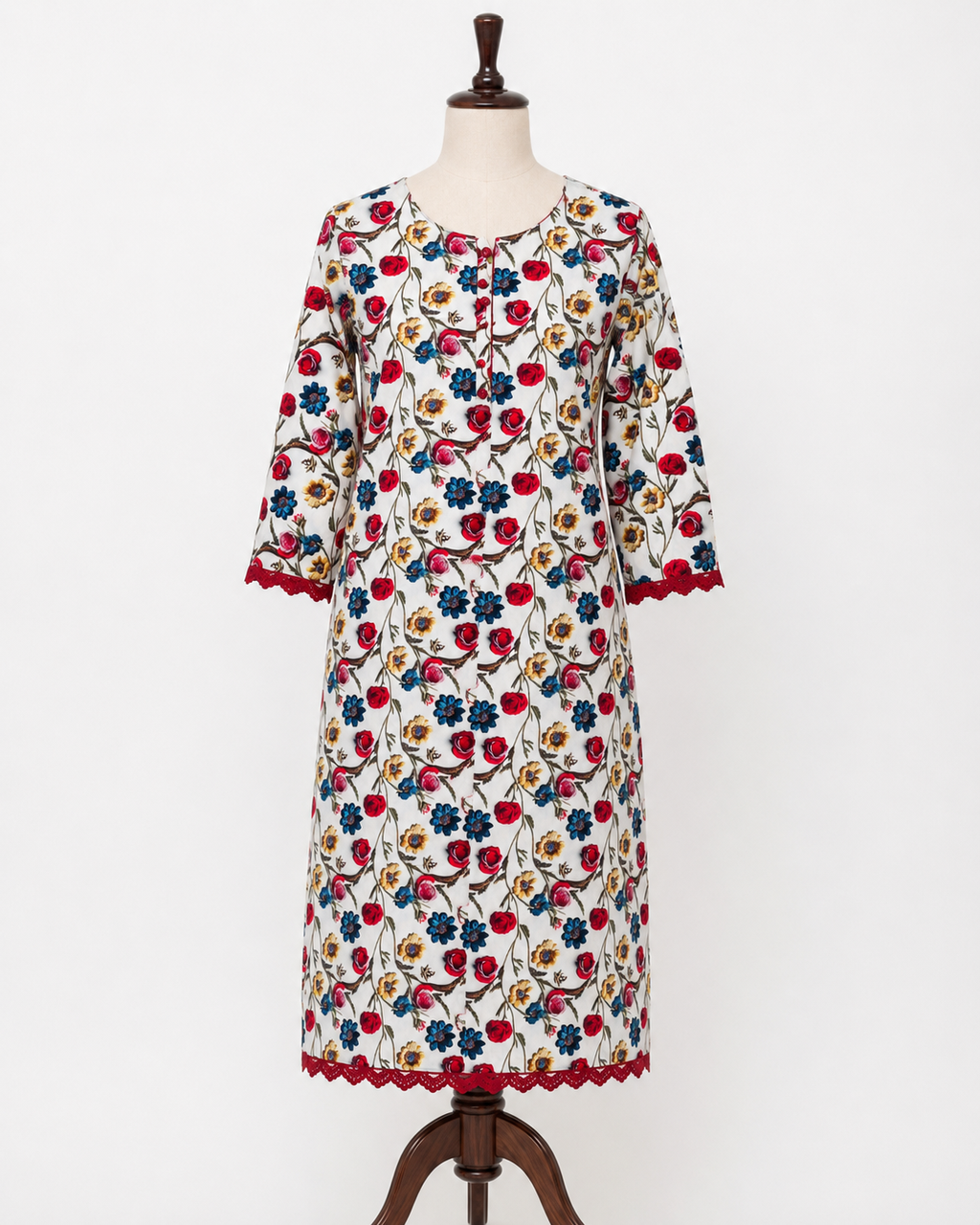 Embroidered Bloom Long Shirt – White Floral Linen Fuchsia Vine – Unstiched  –  Printed Linen - Full suit