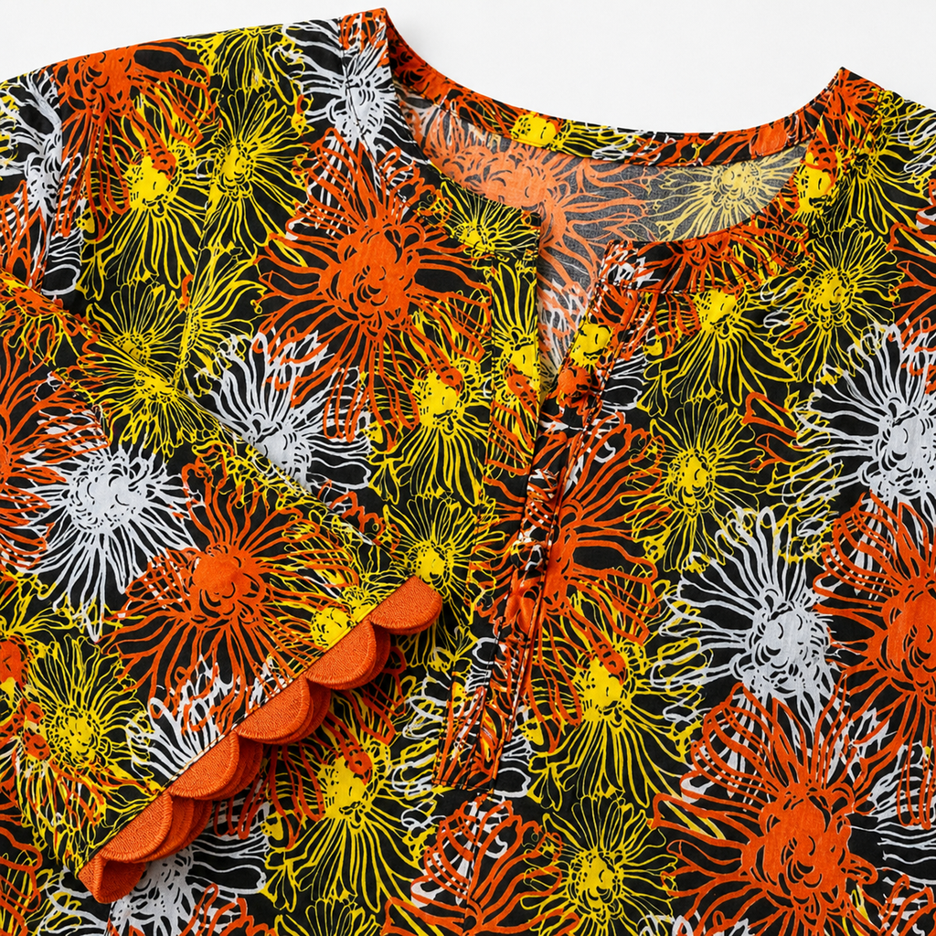 Black, Orange & Yellow Floral Printed Linen Fabric – Unstiched – 3 Yards Unstitched