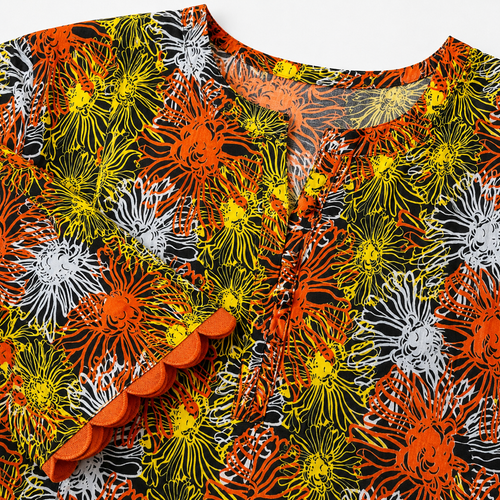 Black, Orange & Yellow Floral Printed Linen Fabric – Unstiched – 3 Yards Unstitched