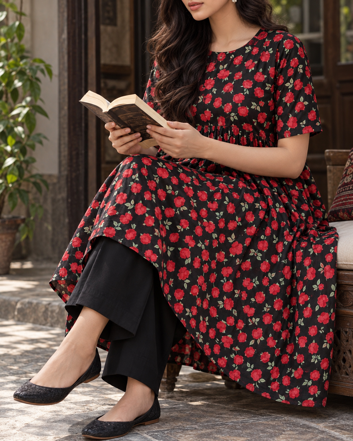 Crimson Bloom – Black & Red Floral Unstitched linen
