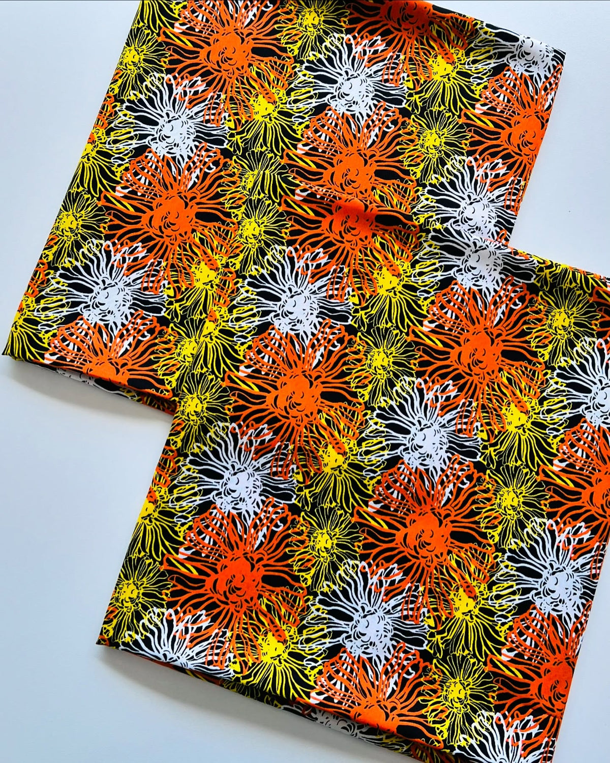 Black, Orange & Yellow Floral Printed Linen Fabric – Unstiched – 3 Yards Unstitched