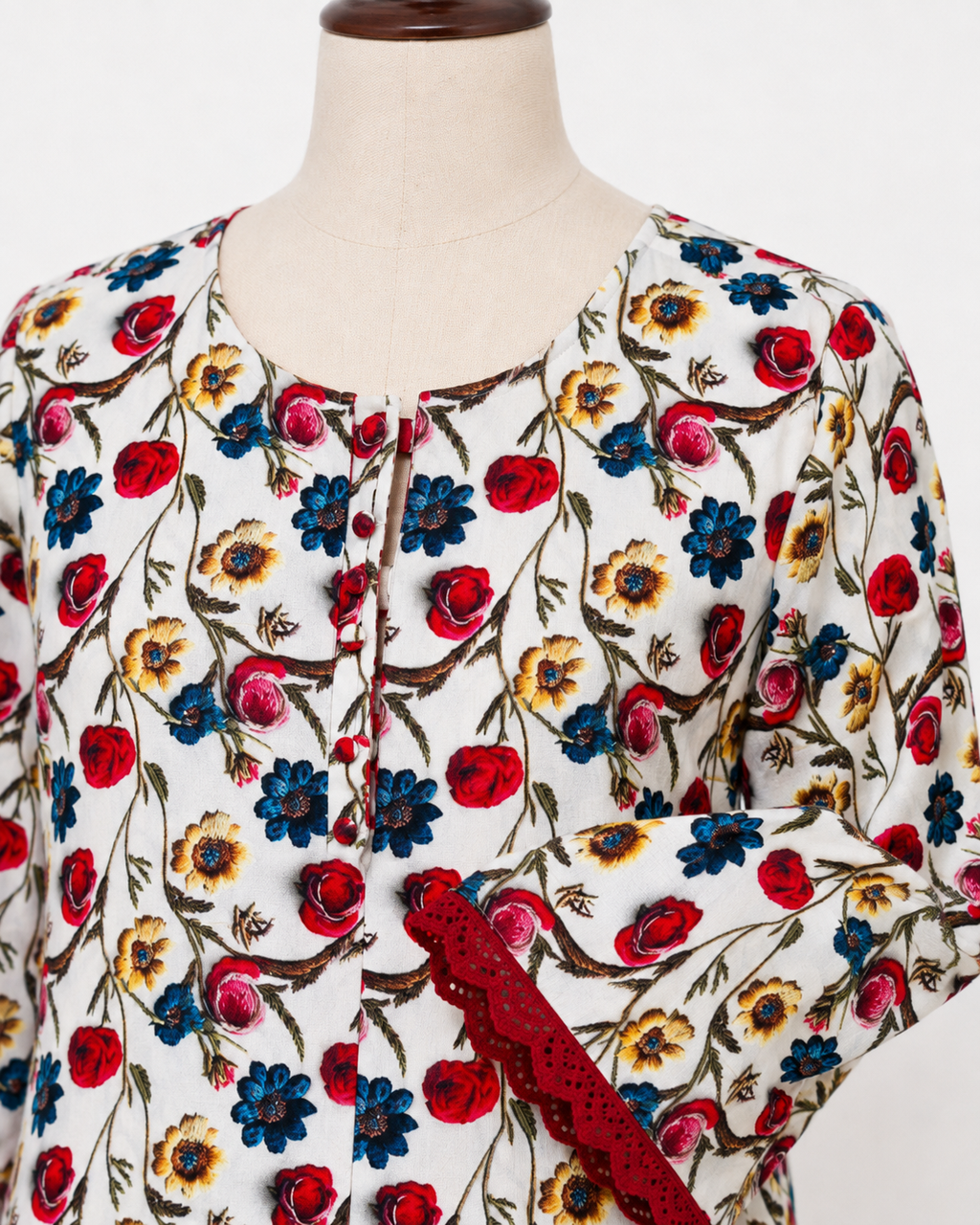 Embroidered Bloom Long Shirt – White Floral Linen Fuchsia Vine – Unstiched  –  Printed Linen - Full suit