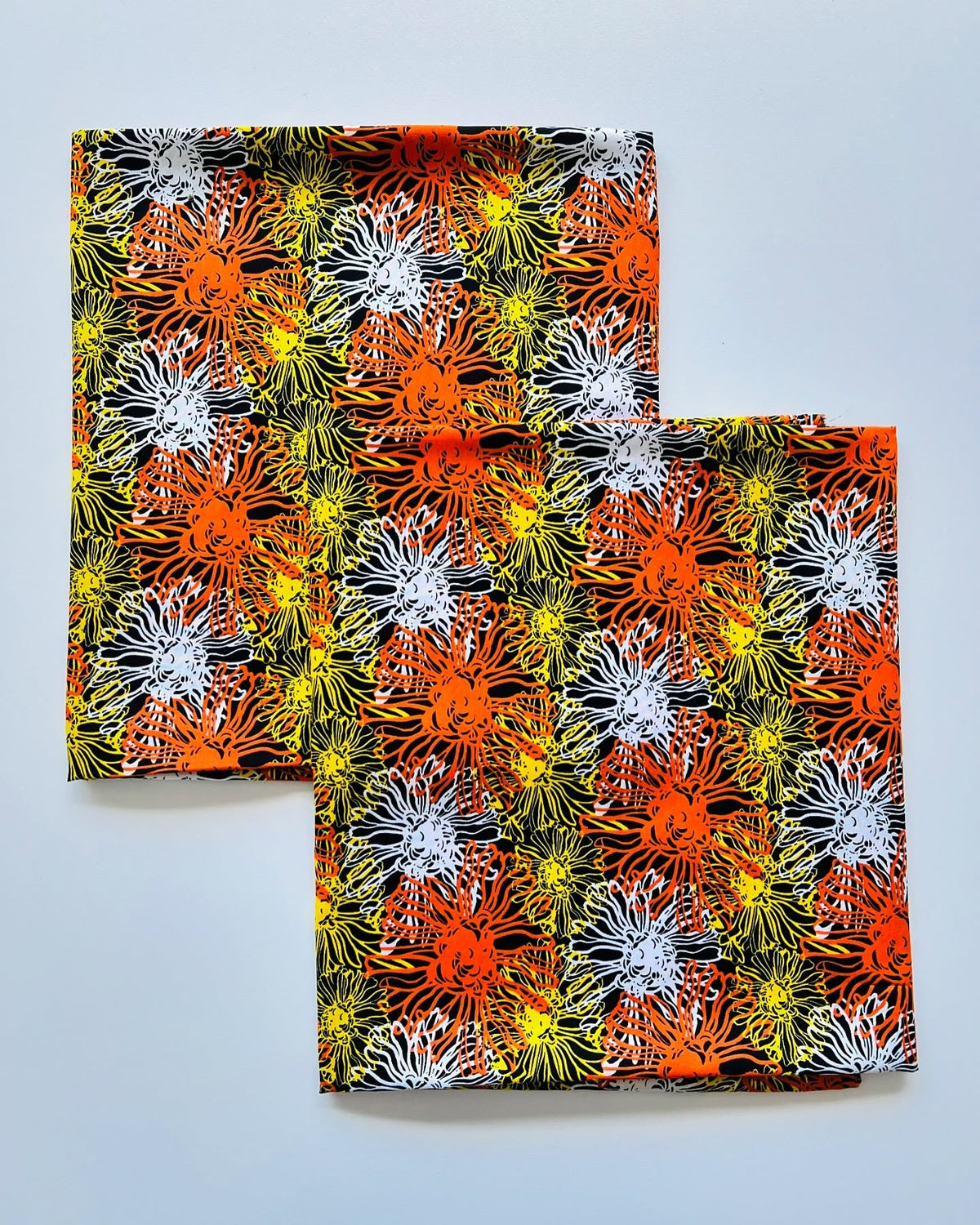 Black, Orange & Yellow Floral Printed Linen Fabric – Unstiched – 3 Yards Unstitched