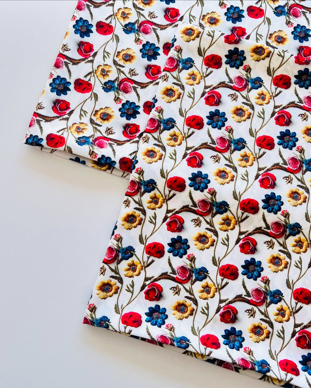 Embroidered Bloom Long Shirt – White Floral Linen Fuchsia Vine – Unstiched  –  Printed Linen - Full suit