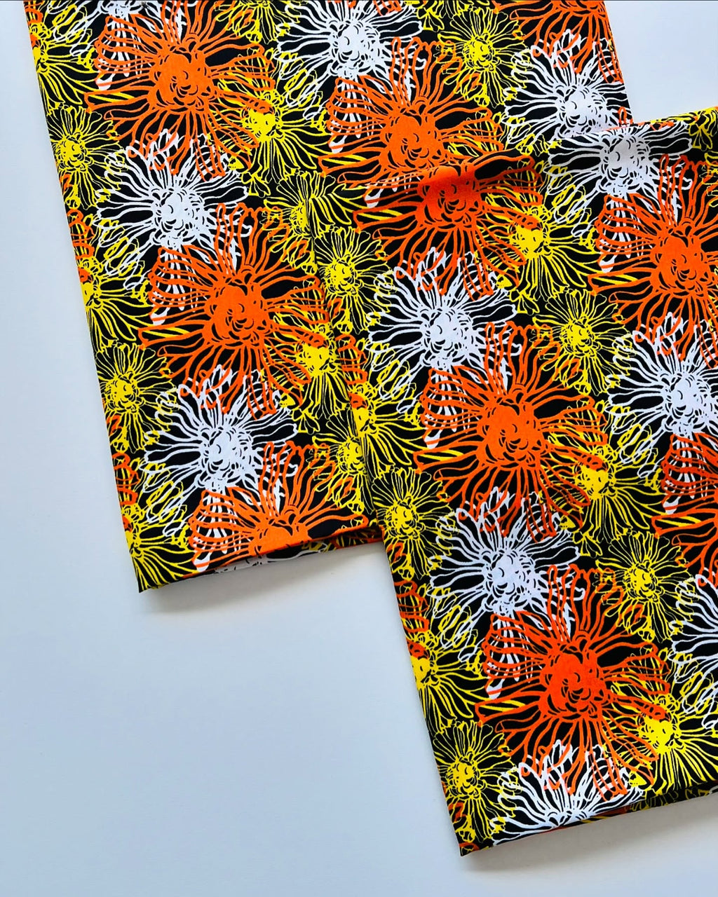 Black, Orange & Yellow Floral Printed Linen Fabric – Unstiched – 3 Yards Unstitched