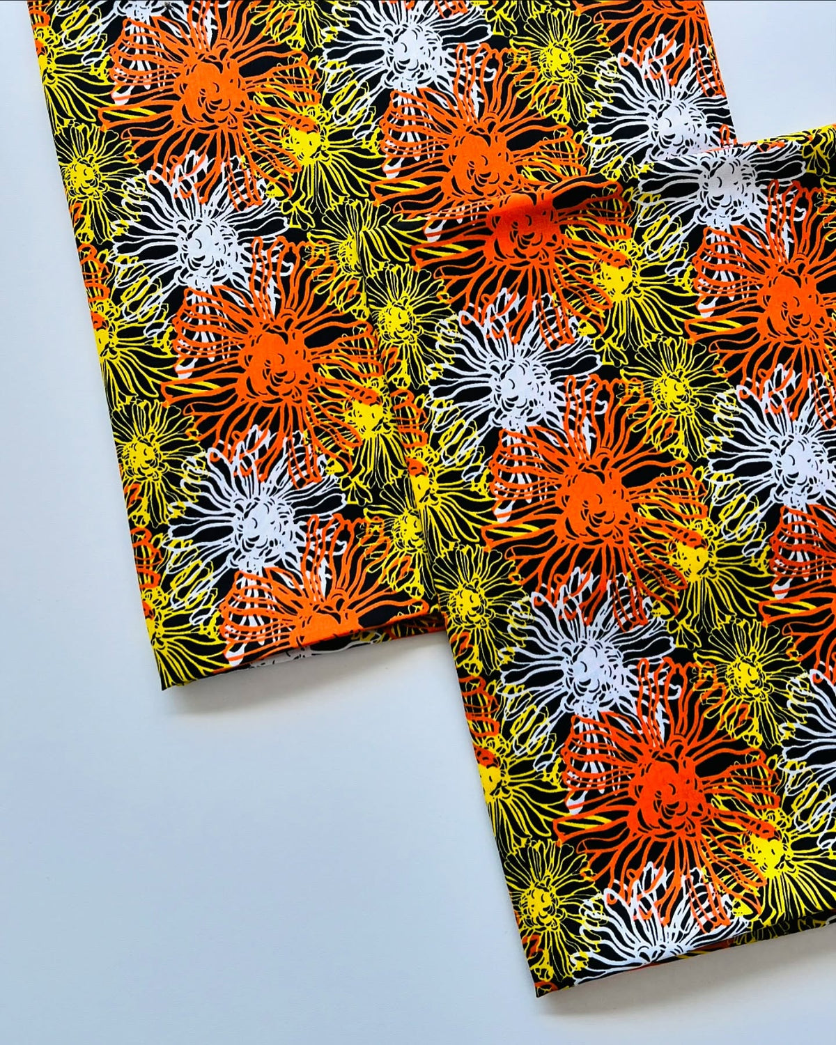 Black, Orange & Yellow Floral Printed Linen Fabric – Unstiched – 3 Yards Unstitched