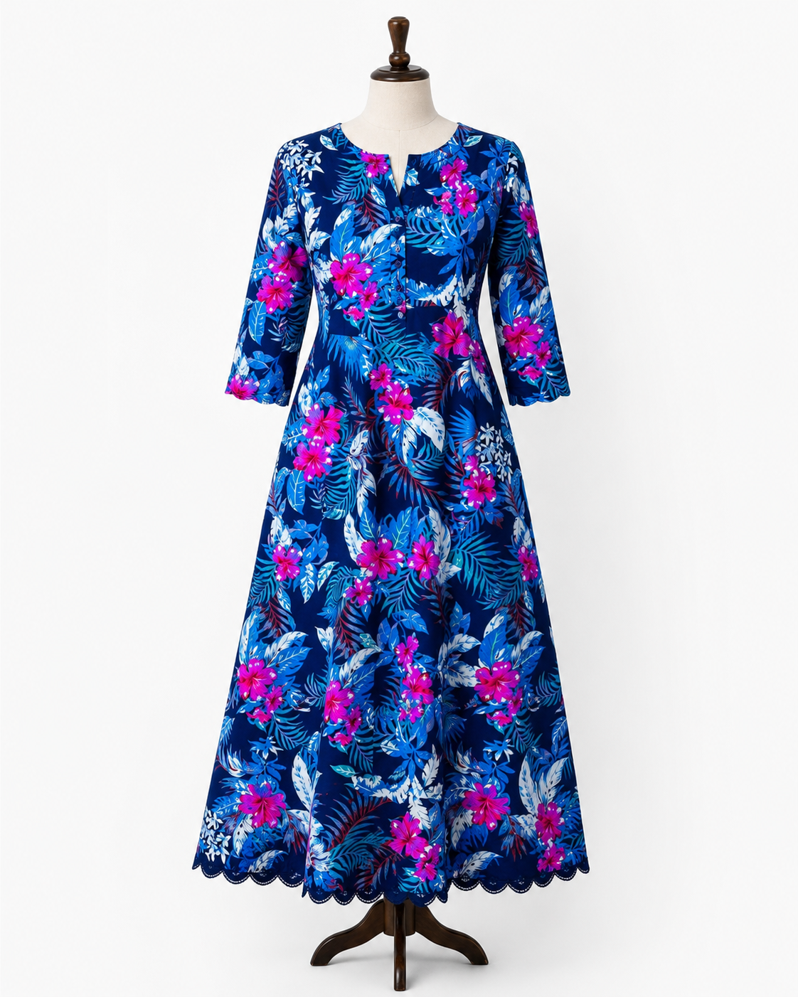 Navy Blue & Fuchsia Floral Printed Linen Fabric – Unstiched – 3 Yards Unstitched