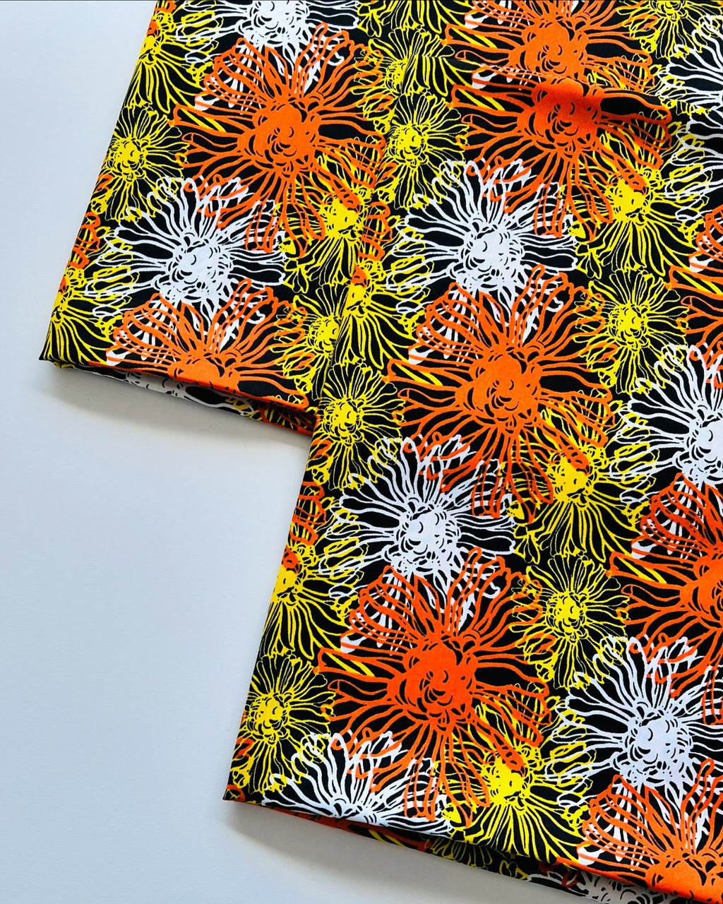 Black, Orange & Yellow Floral Printed Linen Fabric – Unstiched – 3 Yards Unstitched