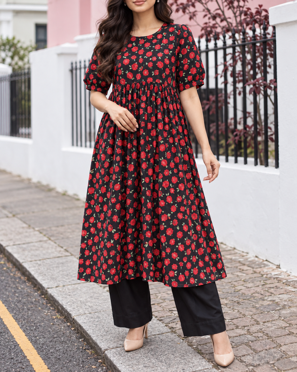 Crimson Bloom – Black & Red Floral Unstitched linen