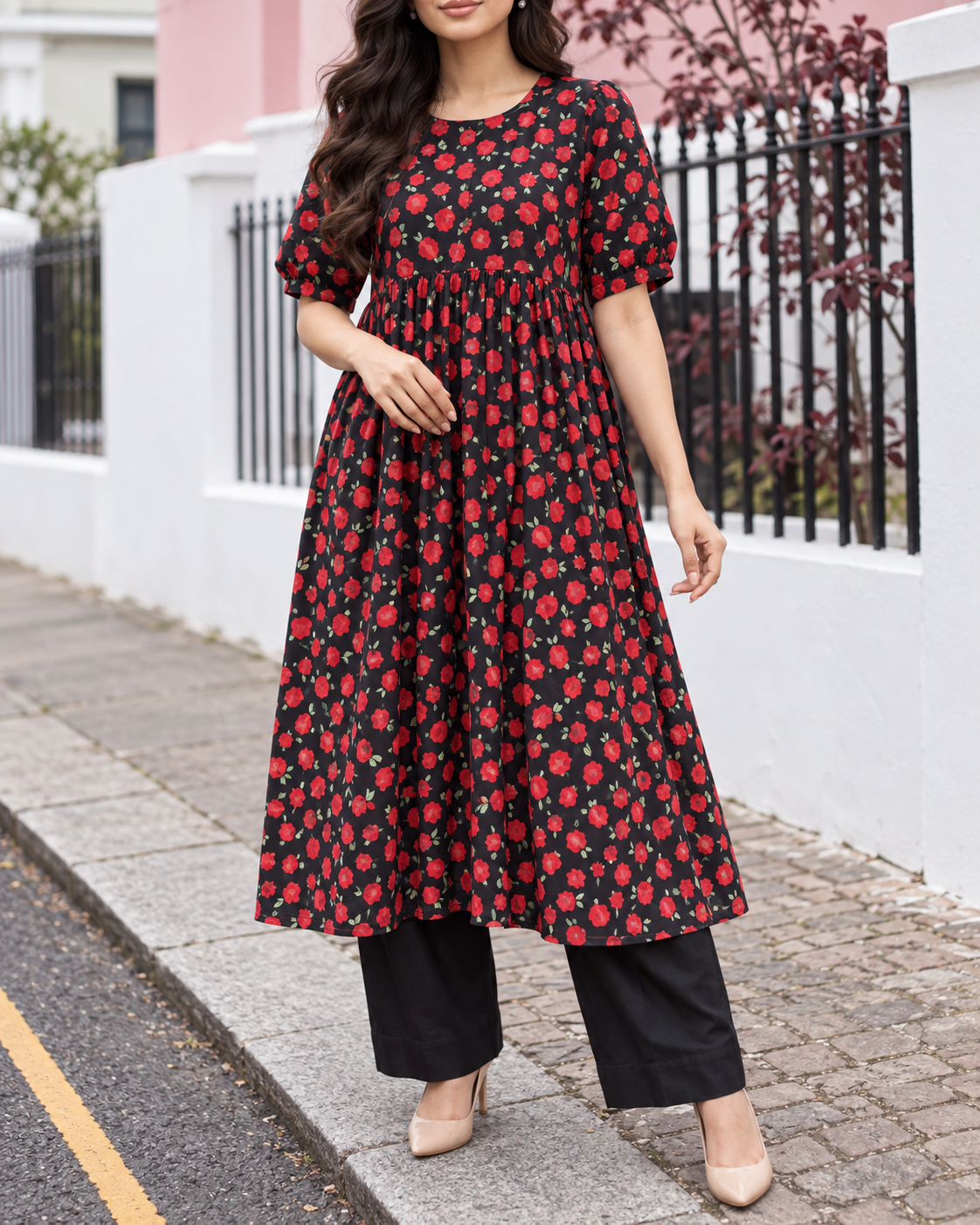 Crimson Bloom – Black & Red Floral Unstitched linen