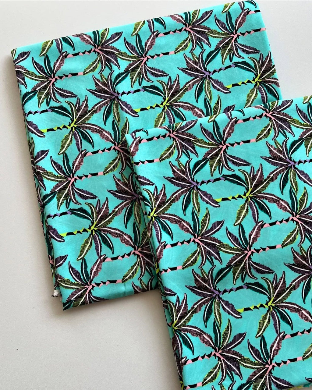 Turquoise tropical palm print linen fabric - unstitched