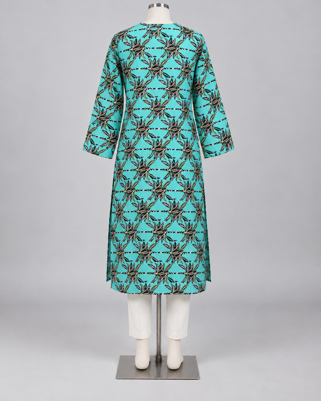 Stitched style reference - turquoise tropical palm print linen kurta back view