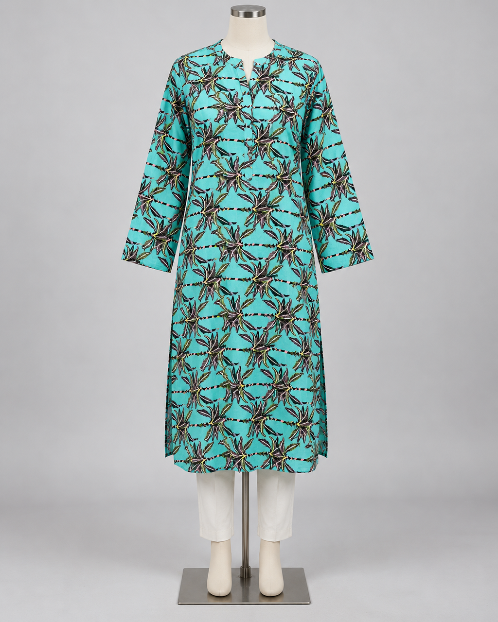 Stitched style reference - turquoise tropical palm print linen kurta front view