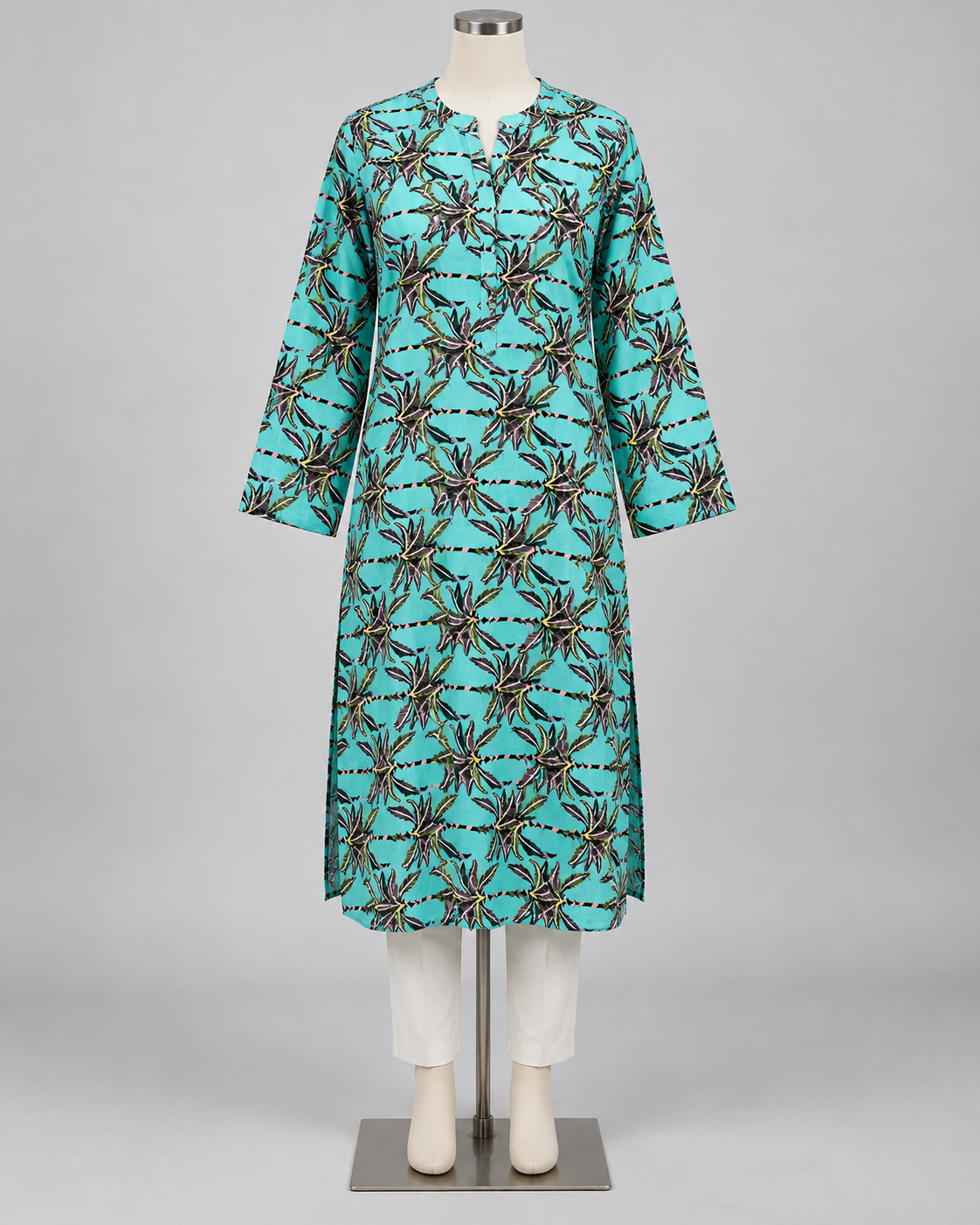 Stitched style reference - turquoise tropical palm print linen kurta front view